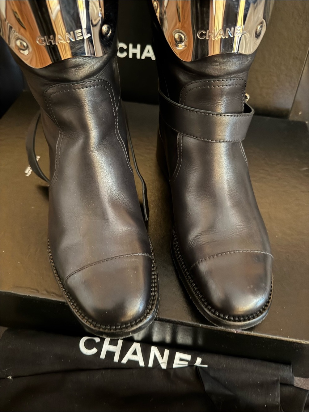 CHANEL Black Leather Knee-High Combat Boots with Silver Plate - Picture 8 of 16